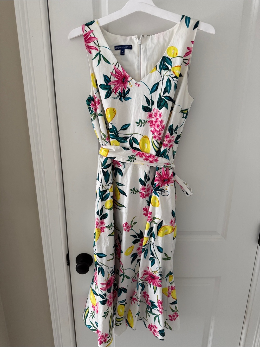 Talbots White Floral Lemon Print Belted Midi Dress - Picture 3 of 6